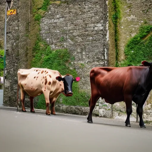 Prompt: two cows with hats walking in Zurich