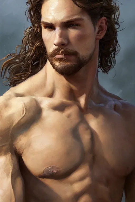 Prompt: portrait of a young rugged ranger, muscular, handsome, upper body, hairy torso, D&D, fantasy, intricate, elegant, highly detailed, digital painting, artstation, concept art, smooth, sharp focus, illustration, art by artgerm and Greg Rutkowski and Alphonse Mucha