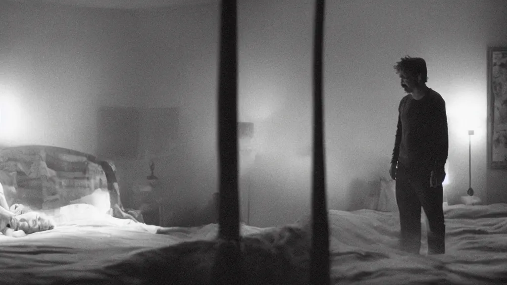 Prompt: movie still of having sleep paralysis, cinematic composition, cinematic light, criterion collection, by david lynch and emanuel lubezki