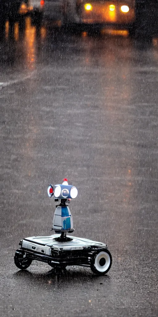 Image similar to robot on the road, city, photo, rain,