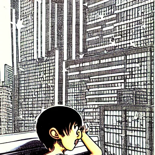 Image similar to a kid in a big city, sits on rooftop, watches a beautiful night full of stars and tech buildings, by satoshi kon and basil gogos