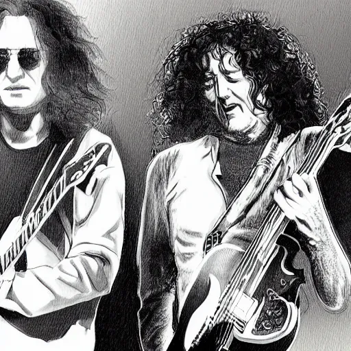 Image similar to An illustration of jimmy page and robert plant on stage in front of a huge crowd in the style of MeatCanyon, Face Portrait, hyper detailed, deviantart,