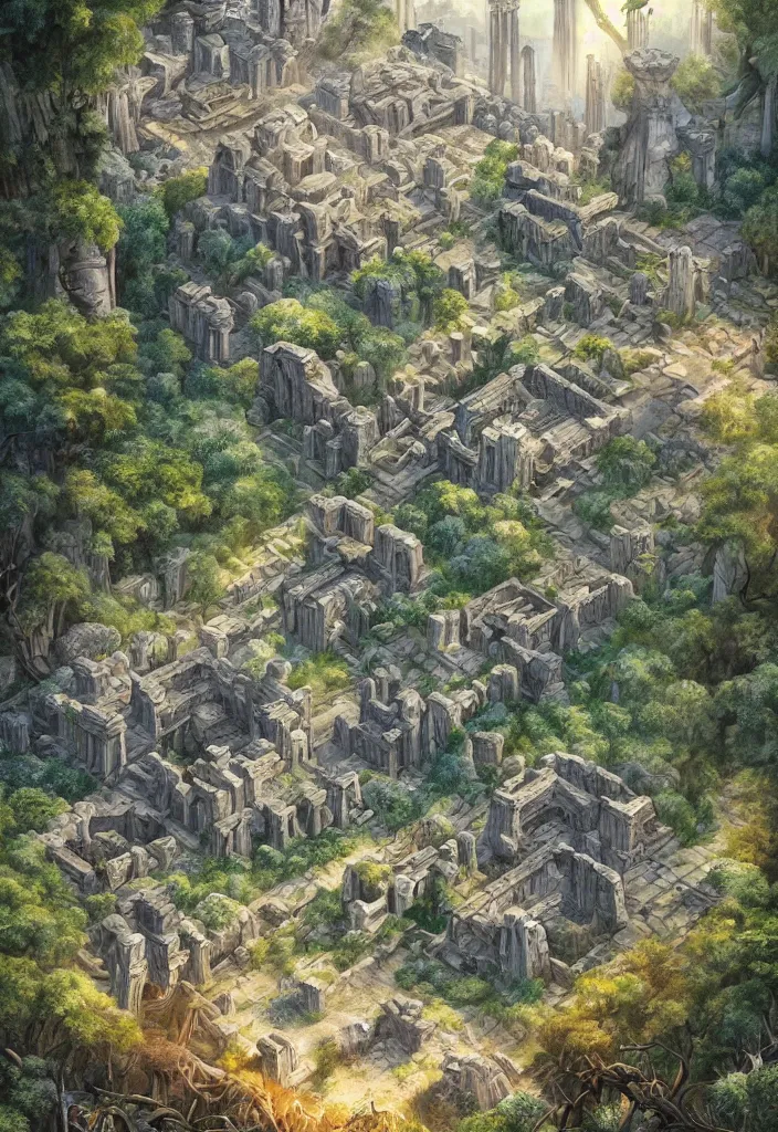 Image similar to comic book cover of ancient ruins made of crystal in a forest ,highly detailed, professional digital painting, Unreal Engine 5, illustration, HD quality, 8k resolution, cinema 4d, cinematic, professional photography, art by artgerm