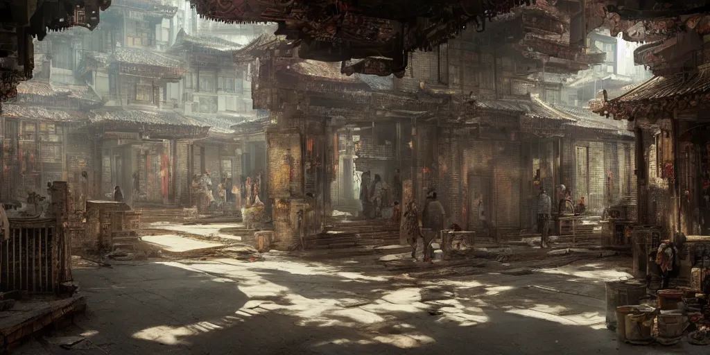 Prompt: inside of kowloon walled city by early evening, flat interior, concept art, light, shadows, reflections, epic composition, intricate, elegant, volumetric lighting, digital painting, highly detailed, artstation, sharp focus, illustration, octane render, concept art, ruan jia, steve mccurry