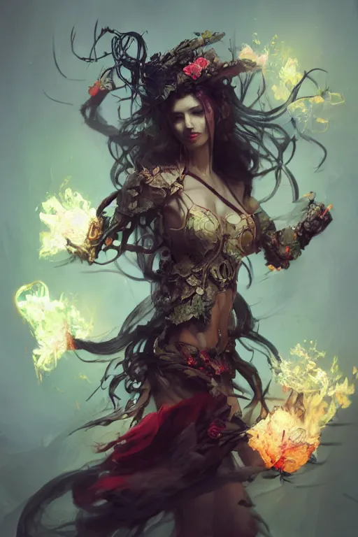 Image similar to extremely beautiful girl necromancer, witch - doctor exploding into flowers, demons, 3 d render, hyper - realistic detailed portrait, holding fire and electricity, ruan jia, wlop. scifi, fantasy, magic the gathering, hyper detailed, octane render, concept art, peter mohrbacher