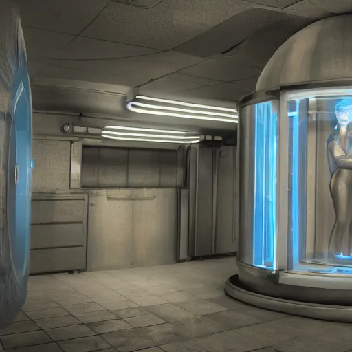 Prompt: cryogenics chamber concept with woman inside. maya, 3 ds max, photoshop, vray, sky - fi, concept art, matte painting, unreal engine