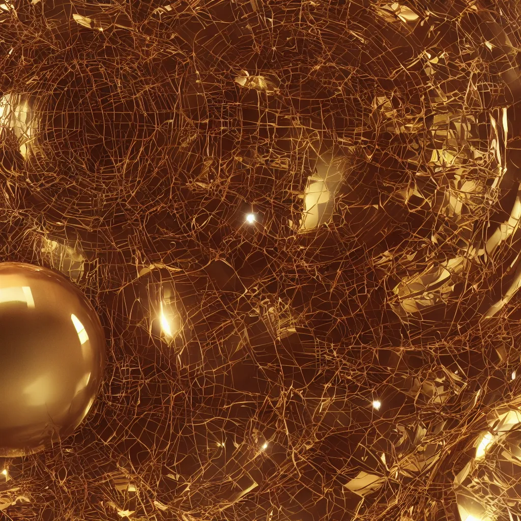 Image similar to a large translucent gold sphere with a red translucent sphere inside, the red sphere holds a city inside of it, photo realistic, 8k, octane rendered, highly detailed