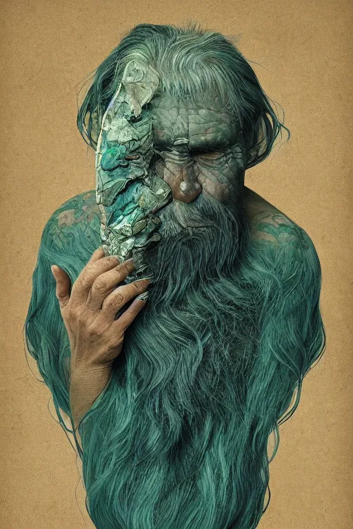 Image similar to portrait of a old man with cracked manatee skin. dark blue-green hair, shaved, dark flower pattern wallpaper background, high detail, by Eddie Mendoza