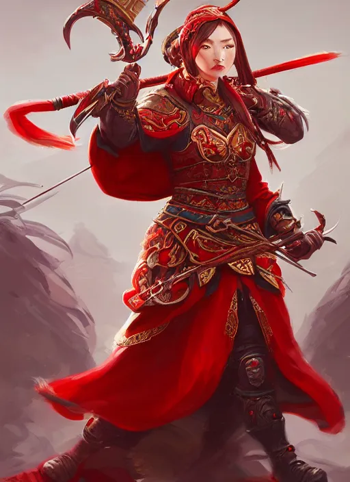 Image similar to a highly detailed illustration of fierce mongol warrior princess wearing red robe, heroic wielding bow pose, intricate, elegant, highly detailed, centered, digital painting, artstation, concept art, smooth, sharp focus, league of legends concept art, wlop.