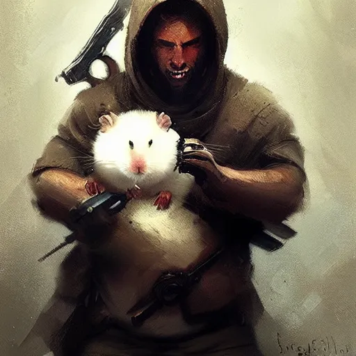 Image similar to a hamster holding a weapon by greg rutkowski