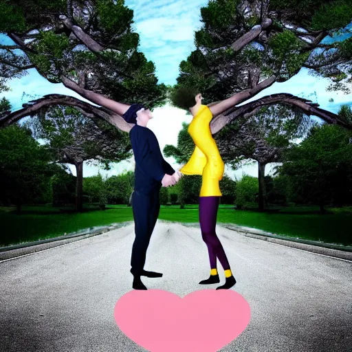 Prompt: a giantess man with a giant woman dancing together, enormous, big, photoshop, photo manipulation, trees, houses, street, hearts