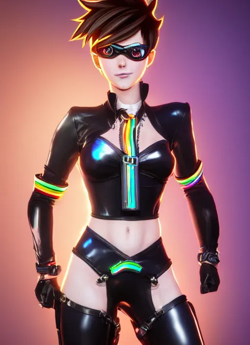 Image similar to full body digital artwork of tracer overwatch, wearing black iridescent rainbow latex bikini, 4 k, expressive happy smug expression, makeup, in style of mark arian, wearing detailed black leather collar, wearing chains, black leather harness, leather cuffs around wrists, detailed face and eyes,