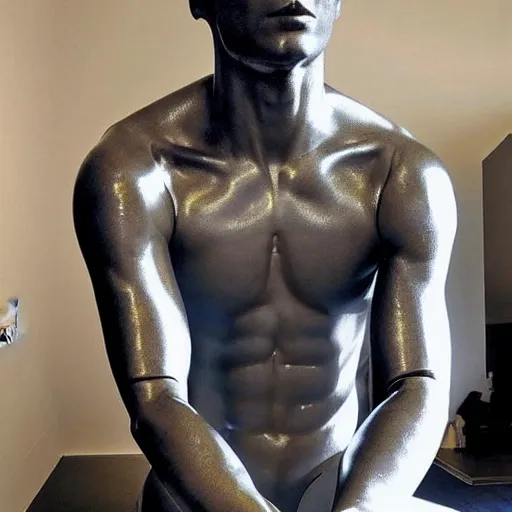 Image similar to “a realistic detailed photo of a guy who is an attractive humanoid who is half robot and half humanoid, who is a male android, British diver Chris Mears, shiny skin, posing like a statue, blank stare, at the museum, on display”