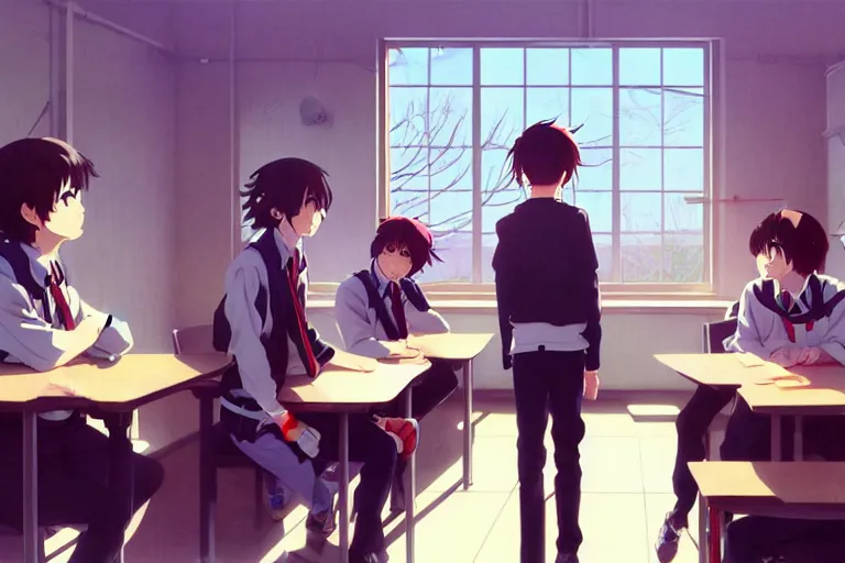 boy's love anime modern high school classroom in, Stable Diffusion