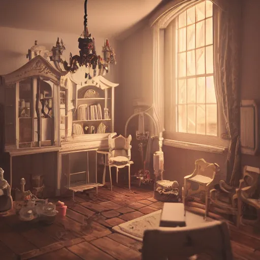 Prompt: photo of a Victorian dollhouse, interior view, extreme details, soft lighting, crepuscular rays, realistic octane render, 8k