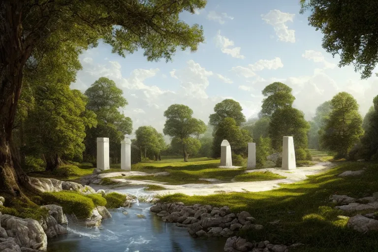 Prompt: White rectangular monoliths with holes, in an open field with a winding white stone pathwalk with a small brook running through, clear blue skies in the background, by Thomas Kincade, Richard Sigamani, 8k photorealistic, cinematic lighting, HD, high details, concept art, trending on artstation