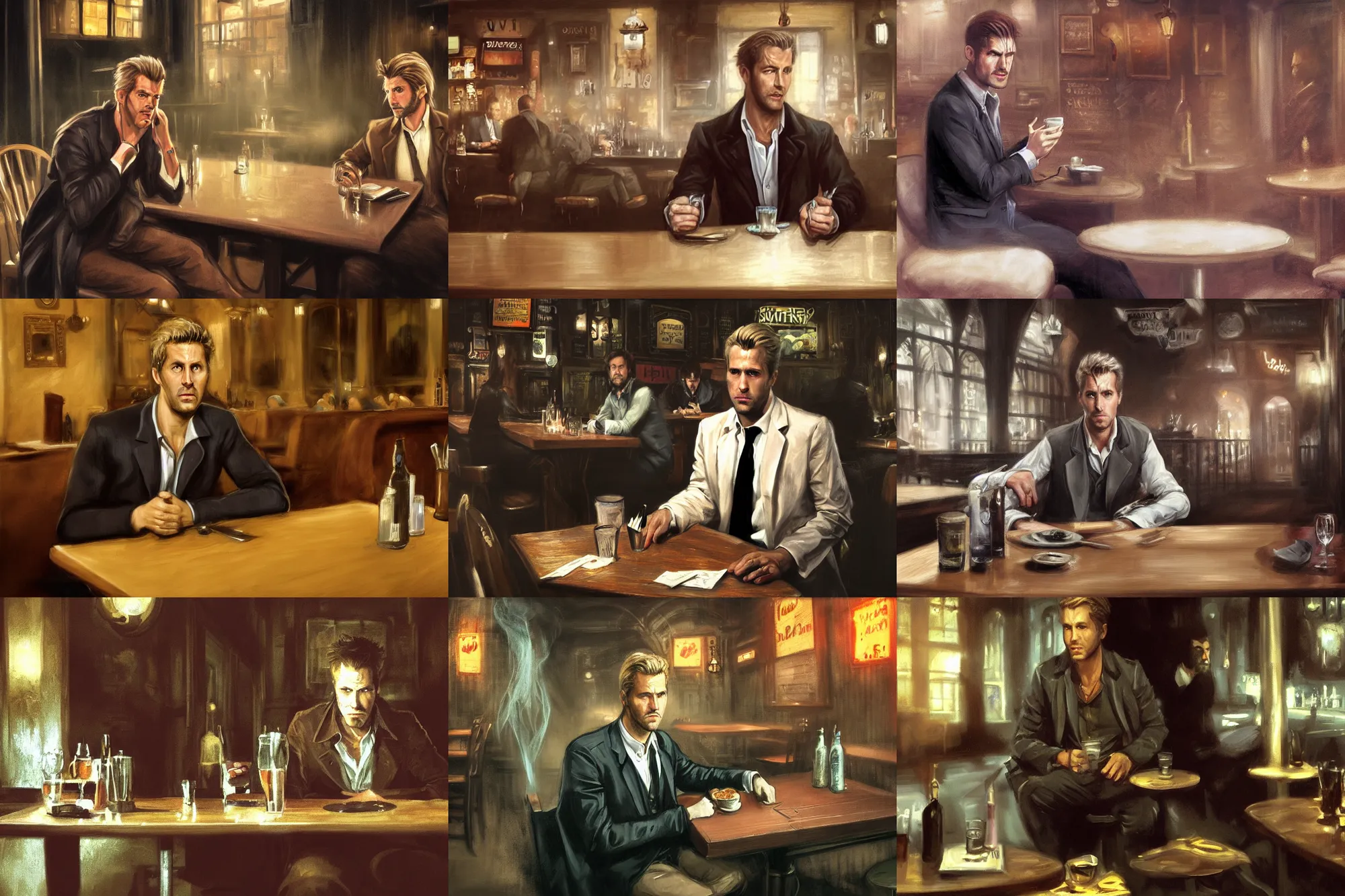 Prompt: matte painting character illustration of john constantine sitting down at a table at a dive bar in london for lunch, digital painting, illustration, constantine, john singer sargent, magical creatures in the background, amazing values, 8 k, gothic, realistic face details, symmetrical face details, realistically rendered face, photorealistic eyes, moody lighting, octane render