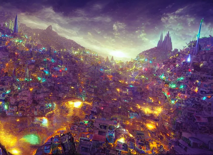 Image similar to favela spaceship cathedral, fantasy environment, sorcery, scenery, professional, award - winning, trending on artstation, hyper detailed, realistic, beautiful, emotional, shiny, colorful, picture