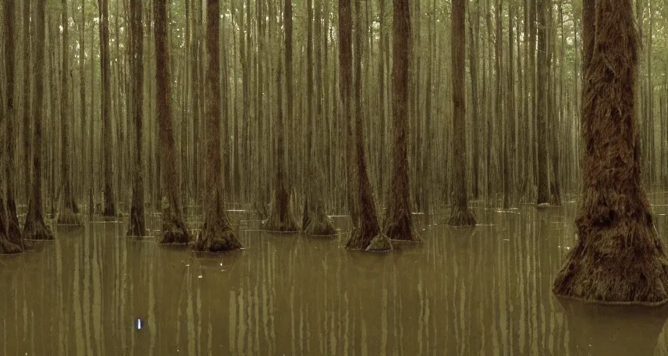 Image similar to A dense and dark enchanted forest with a swamp, by Wes Anderson,