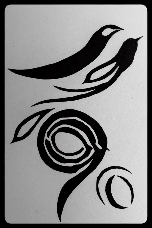 Prompt: a simple tattoo design of minimalist birds flying into in semi circle lines and simple basic shapes, black ink, abstract logo, line art