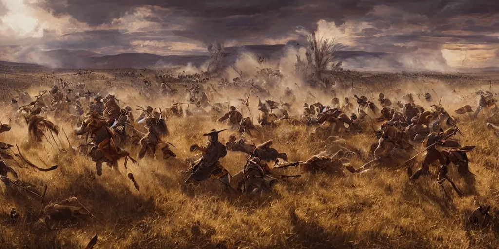 Image similar to image landscape portrait hyperdetailed close - up from the battle of little bighorn ( 1 8 7 6 ), majestic sweeping action, cinematic lighting, dramatic lighting, cinematic lighting, hyperdetailed, artstation, cgsociety, 8 k, 4 k, imax 7 0 mm