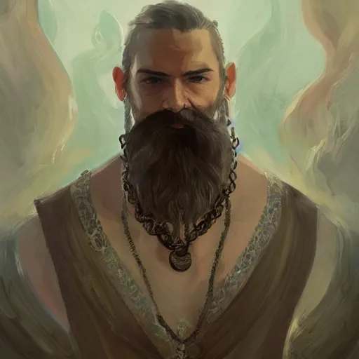 Prompt: A portrait of a cleric of Cthulu with short dark hair and a trimmed beard, he wears a cubic sandstone pendent around his neck, as dark magic emanates from his necklace dark tentacles spur from the water, digital art by Ruan Jia