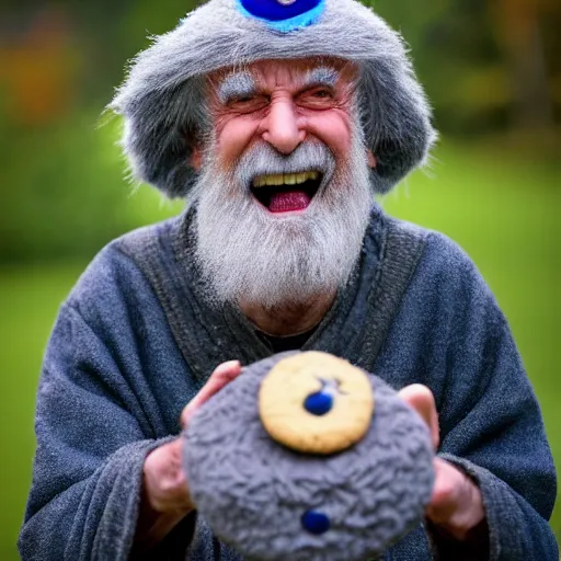 Image similar to the cookie monster as an old druid wizard, bald, bushy grey eyebrows, long grey hair, disheveled, wise old man, wearing a grey wizard hat, wearing a purple detailed coat, a bushy grey beard, sorcerer, he is a mad old man, laughing and yelling