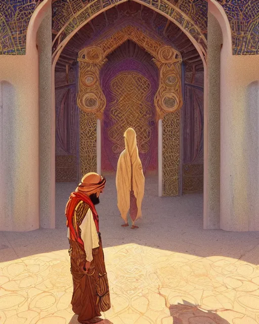 Image similar to male bedouin in the desert worshipping in the mosque, highly detailed, gold filigree, romantic storybook fantasy, soft cinematic lighting, award, disney concept art watercolor illustration by mandy jurgens and alphonse mucha and alena aenami, pastel color palette, featured on artstation