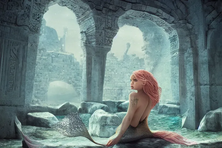 Prompt: the most amazing dream you ever had about a modern mermaid looking at an ancient castle ornated with old arabic script, hyper realistic, ambient lighting, concept art, intricate, hyper detailed, smooth, dynamic volumetric lighting, octane, cinematic