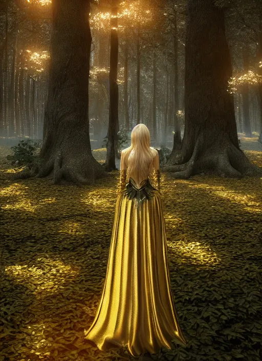 Image similar to magical forest with gold and silver leafs, music, girl with blond long hair back view, elves, lord of the rings style, ultra detailed, trending on artstation, concept art, octane render, unreal engine,