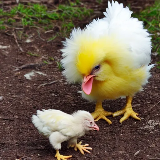 Prompt: a light yellowish downed baby chick is standing in a barnyard nearby there is a rooster and a birthday cake