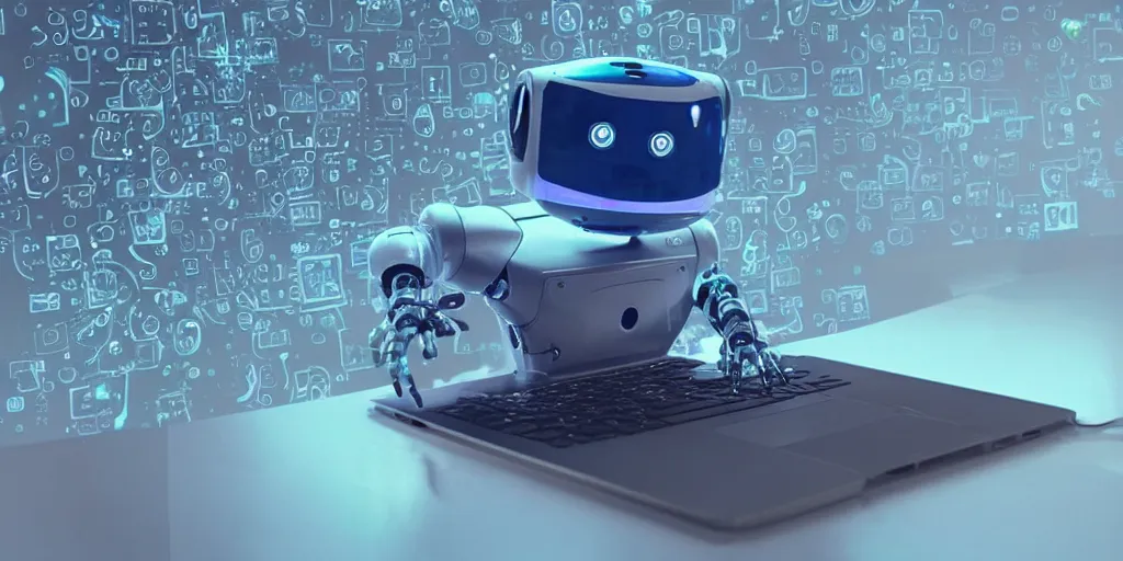 Prompt: a cute robot dreaming of a widely spaced deep blue neural network robotically typing hashtags on a laptop