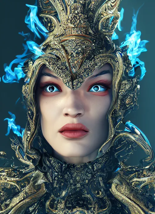 Prompt: 3d fashion portrait with fire, female, future, torch, flame, harper's bazaar, vogue, fashion magazine, intricate, concept art, close up, ornate, luxury, elite, elegant, trending on artstation, by ruan jia, by Kenneth Willardt, by ross tran, by WLOP, by Andrei Riabovitchev,