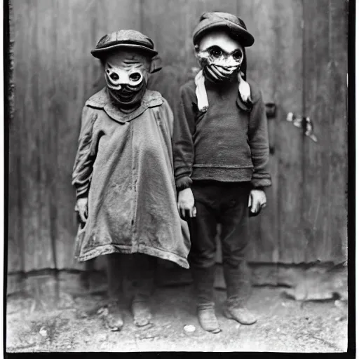Image similar to portrait of children wearing hobo masks, photograph, style of atget, 1 9 1 0, creepy, dark