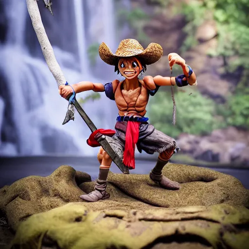 Image similar to high - res photograph of a claymation sculpture action figure warrior luffy, highly detailed sculpey diorama, forest setting, waterfall backdrop, smooth, sharp foccus, commercial product photography,