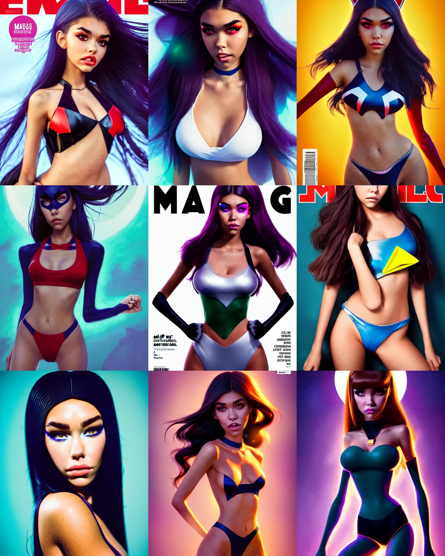 Prompt: magazine cover portrait photo of madison beer : : college woman : : as marvel hero catgirl by pixar : : by greg rutkowski, wlop, rossdraws, artgerm, weta, marvel, colorful rave makeup, leeloo, unreal engine, glossy skin, boutinela bikini, pearlescent, shiny, 4 k, hdr, bright morning, : :