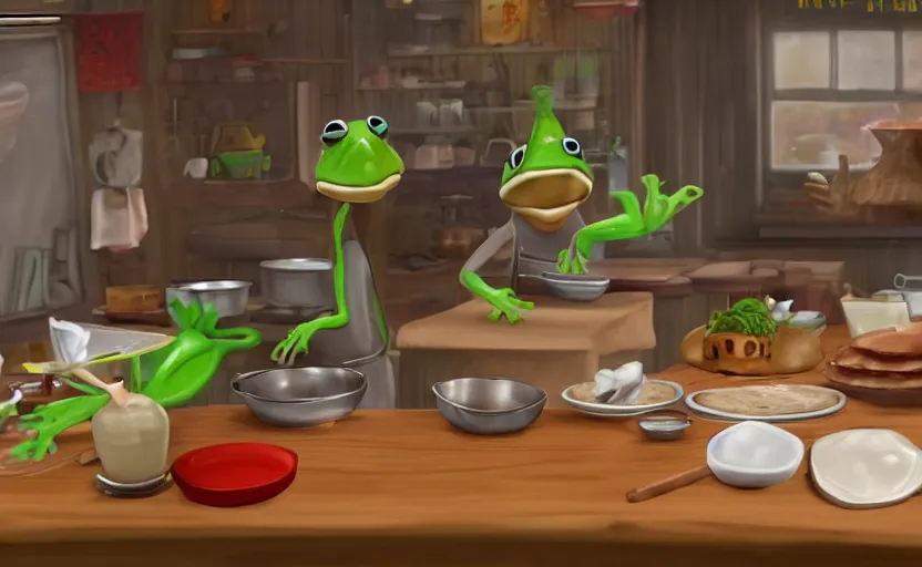 Image similar to ps 5 game about a cute frog chef making soup in oregon, unity screenshot,