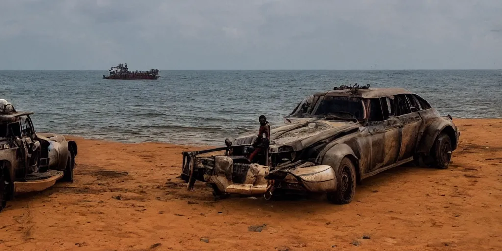 Prompt: sri lankan mad max style, ocean, perspectiv from a big ship, film still, epic shot cinematography, rule of thirds