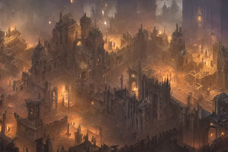 Prompt: an intricate matte painting of An epic stronghold crusader planescape map, highly detailed iridescent dimly lit exterior with shafts of iridescent light bouncing off magical realms, by Christophe Vacher and Bastien Lecouffe-Deharme, trending on artstation