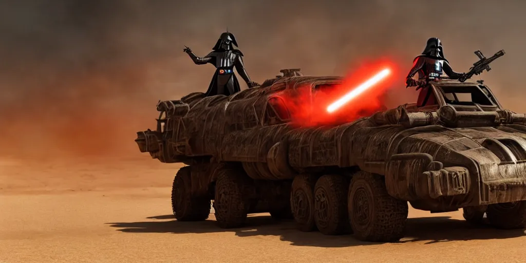 Image similar to Darth Vader standing on a driving armored post apocalyptic battle car in the desert and firing a flamethrower, Mad Max Fury Road, film, sandstorm, fire, realistic, center frame, symmetrical, spikes, flags, dust