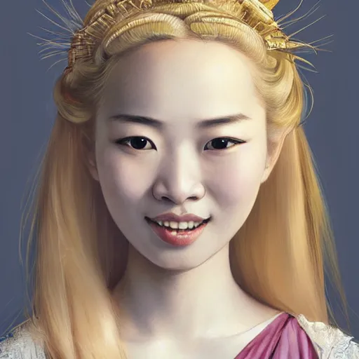 Image similar to a totally amazed smiling pretty asian girl with blonde hair, fully covering intricate detailed outfit, long loose blonde hair, precise linework, accurate brown eyes, small nose, beautiful smooth oval head, expressive emotions, hyper realistic ultrafine portrait by artemisia gentileschi, jessica rossier, greg rutkowski, artgerm