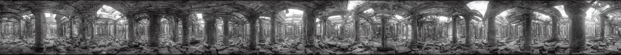 Image similar to photo of an immersive forgotten panopticon well, with columns and destroyed cybernetics from an ancient civilization, photorealistic, higly detailed dark, 3 6 0 picture, panorama, 3 5 mm slide, trending on flickr, in the style of francesca woodman, zachary corzine, zhelong xu, greg rutkowski and anders zorn