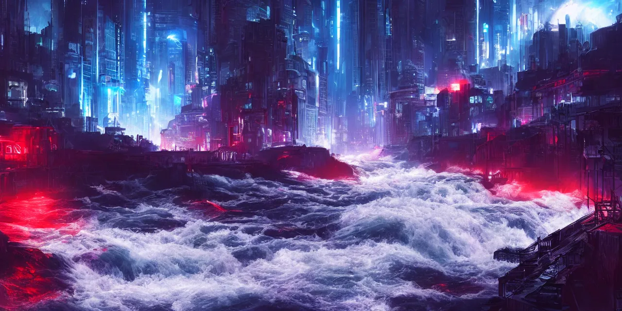 Image similar to turbulent river rapids rushing through a futuristic city at night , volumetric lighting, blue and red glowing lights, 4k, octane, unreal engine, high contrast, high saturation , cinematic film still, by artgerm and greg rutkowski