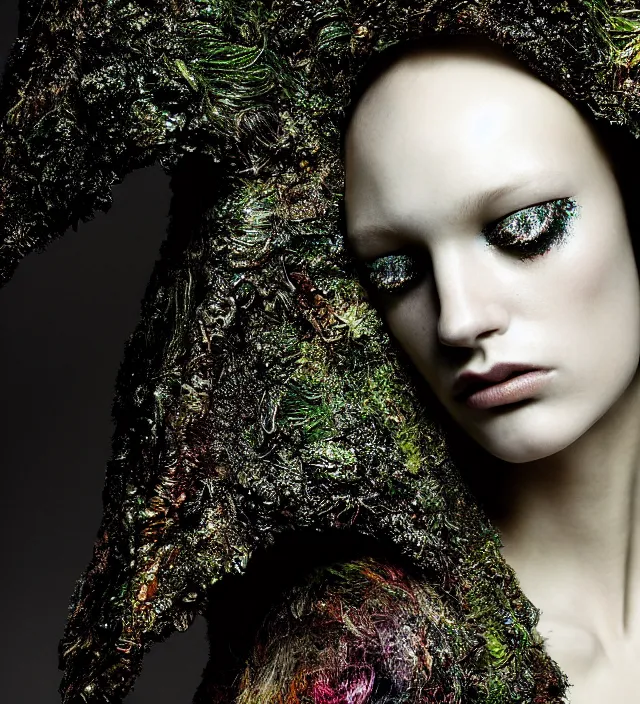 Prompt: photography face portrait of one female fashion model in rainforest, wearing one organic futurist cape designed by iris van herpen,, creative colorfull - makeup, curly hair style half _ long, photography by paolo roversi nick knight, helmut newton, avedon, and araki, sky forest background, natural pose, highly detailed, skin grain detail