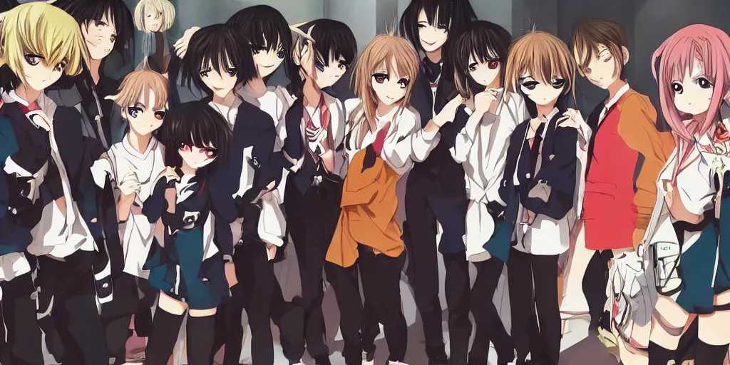 Image similar to 2 anime girls posing with 6 anime boys