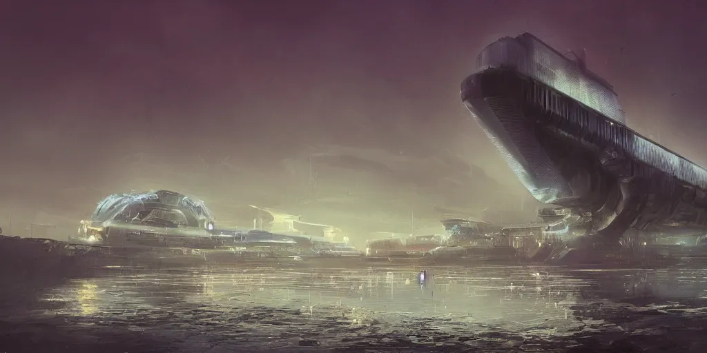 Image similar to render of huge futuristic submarine, by Ian McQue, Rutkowski, lee madgwick and hubert robert, concrete building by le corbusier on the background, puddles of water, trees and bushes, dune style, neon glow, vivid color, moody lighting, unreal engine, bright sunrise, epic skies, foggy