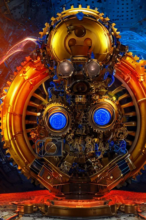 Prompt: portrait photo of a broken giant huge golden and blue metal broken steampunk robot with big gears and tubes all over the floor, eyes are glowing red lightbulbs, shiny crisp finish, 3 d render, 8 k, insaneley detailed, fluorescent colors, background is multicolored lasershow