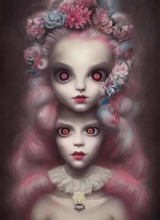 Prompt: pop surrealism, lowbrow art, realistic cute marie antoinette girl painting, japanese street fashion, hyper realism, muted colours, rococo, natalie shau, loreta lux, tom bagshaw, mark ryden, trevor brown style,