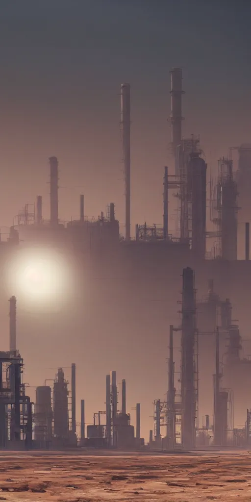 Prompt: large oil factories in the distance, covered in a dust storm, futuristic, desert, a lot of black smoke, cyberpunk theme, high detail, art station