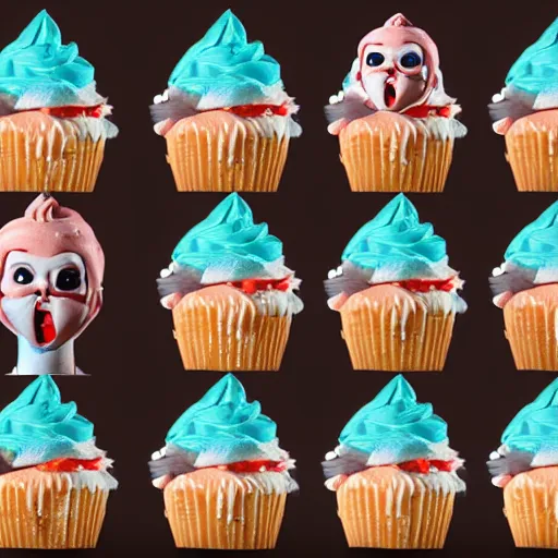 Image similar to ice cream cupcake shaped like screaming chucky doll, octane render, centered, highly detailed